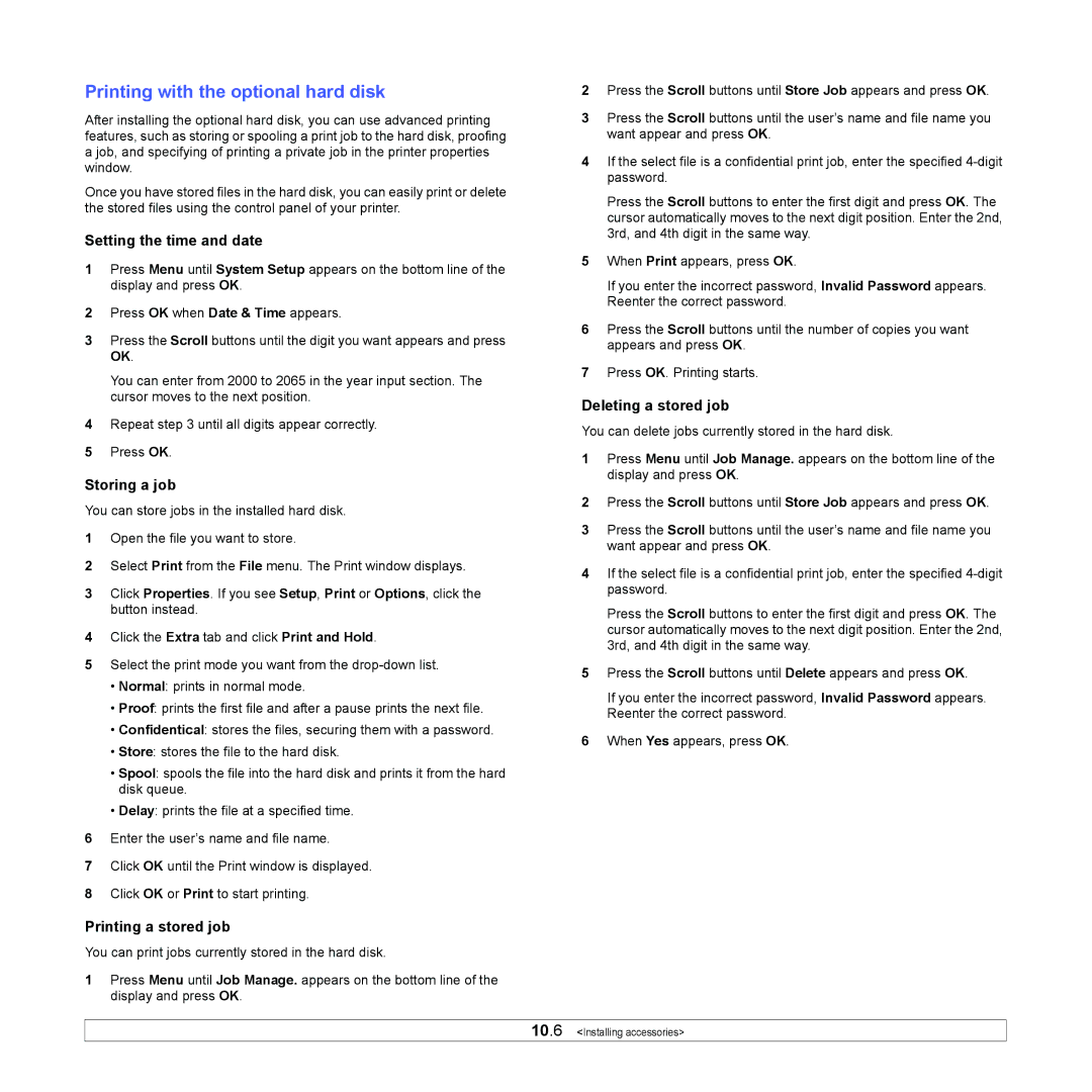 Samsung ML-4551N Printing with the optional hard disk, Setting the time and date, Storing a job, Printing a stored job 