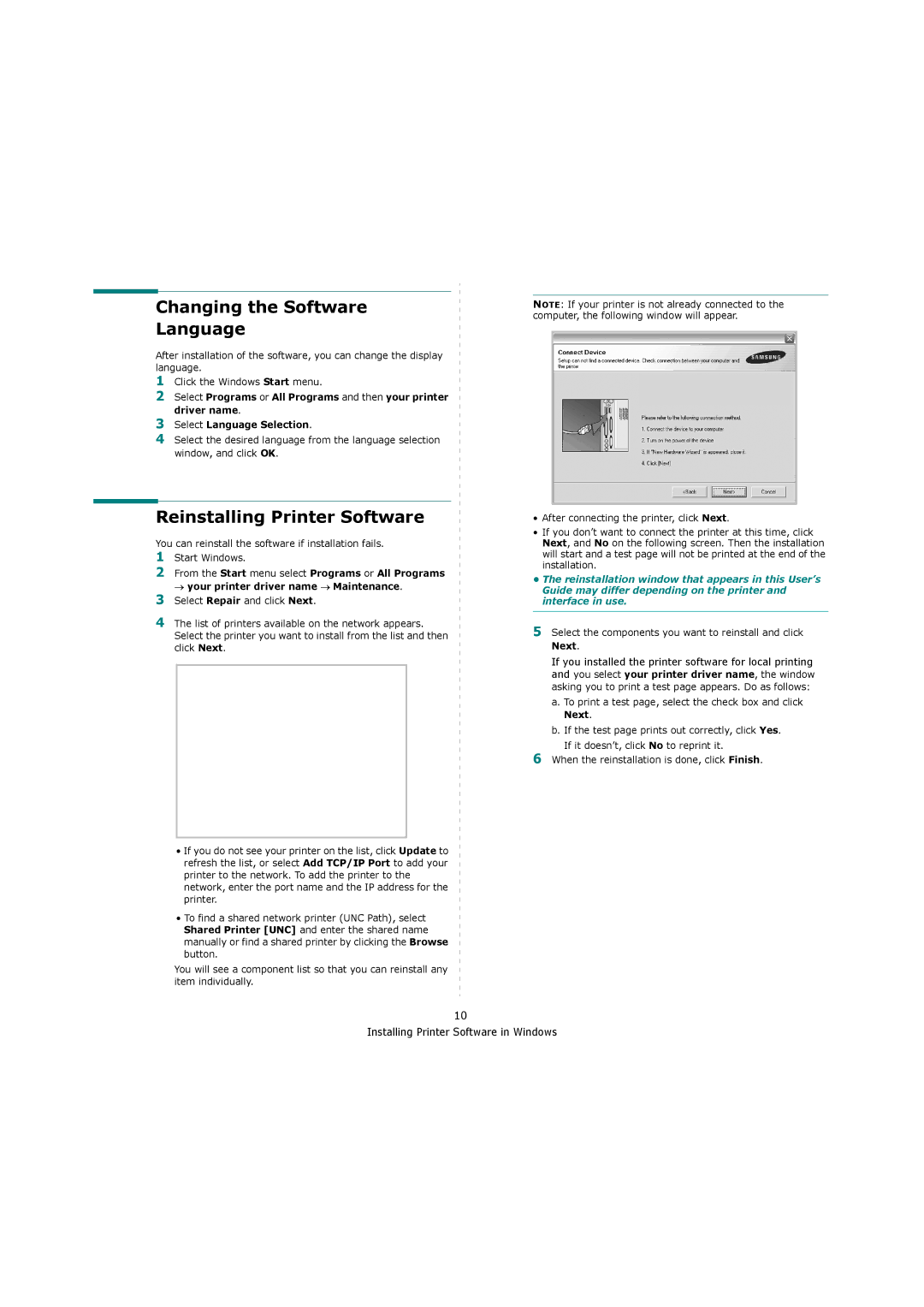 Samsung ML-4551N manual Changing the Software Language, Reinstalling Printer Software 