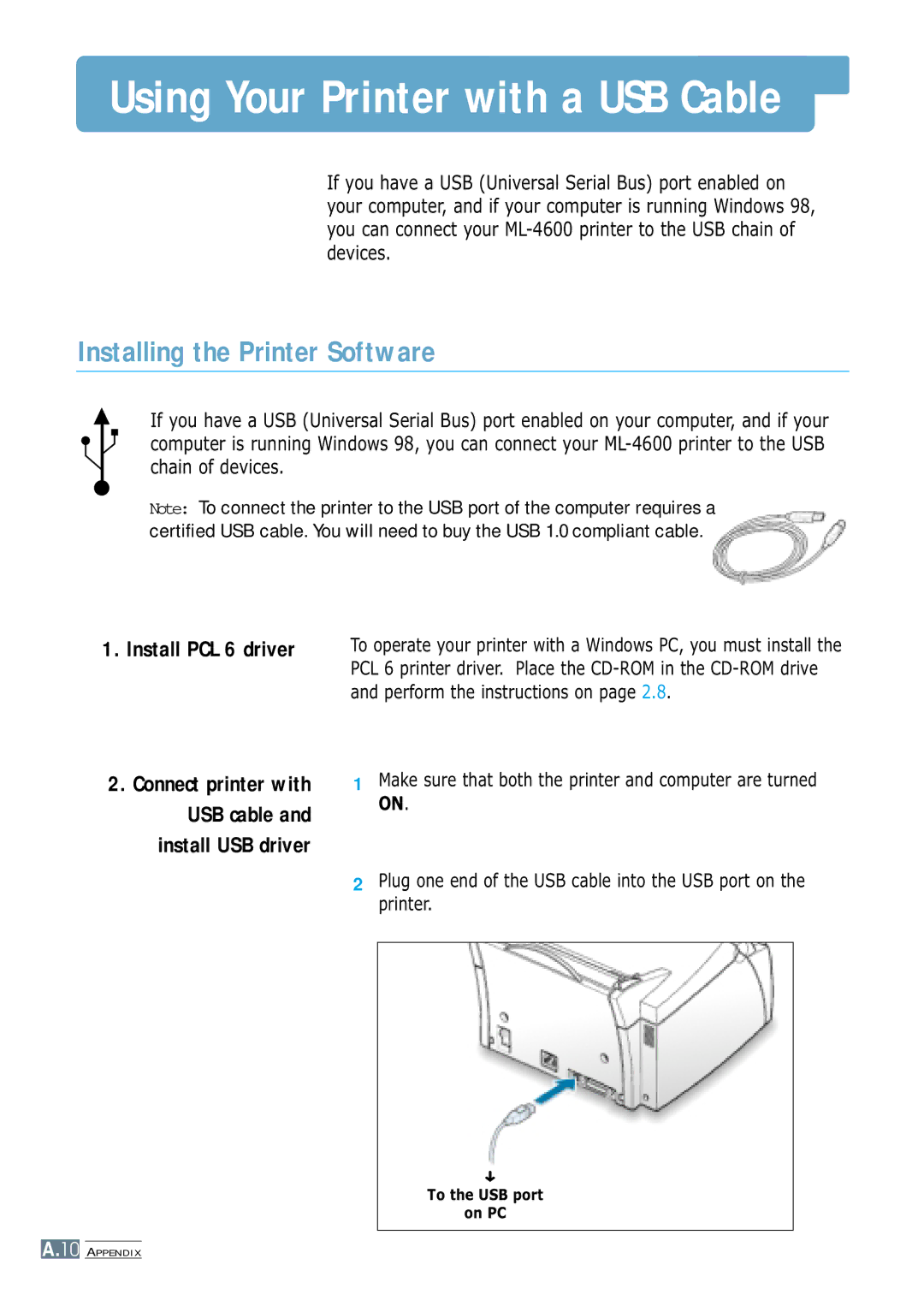 Samsung ML-4600 manual Using Your Printer with a USB Cable, Installing the Printer Software 