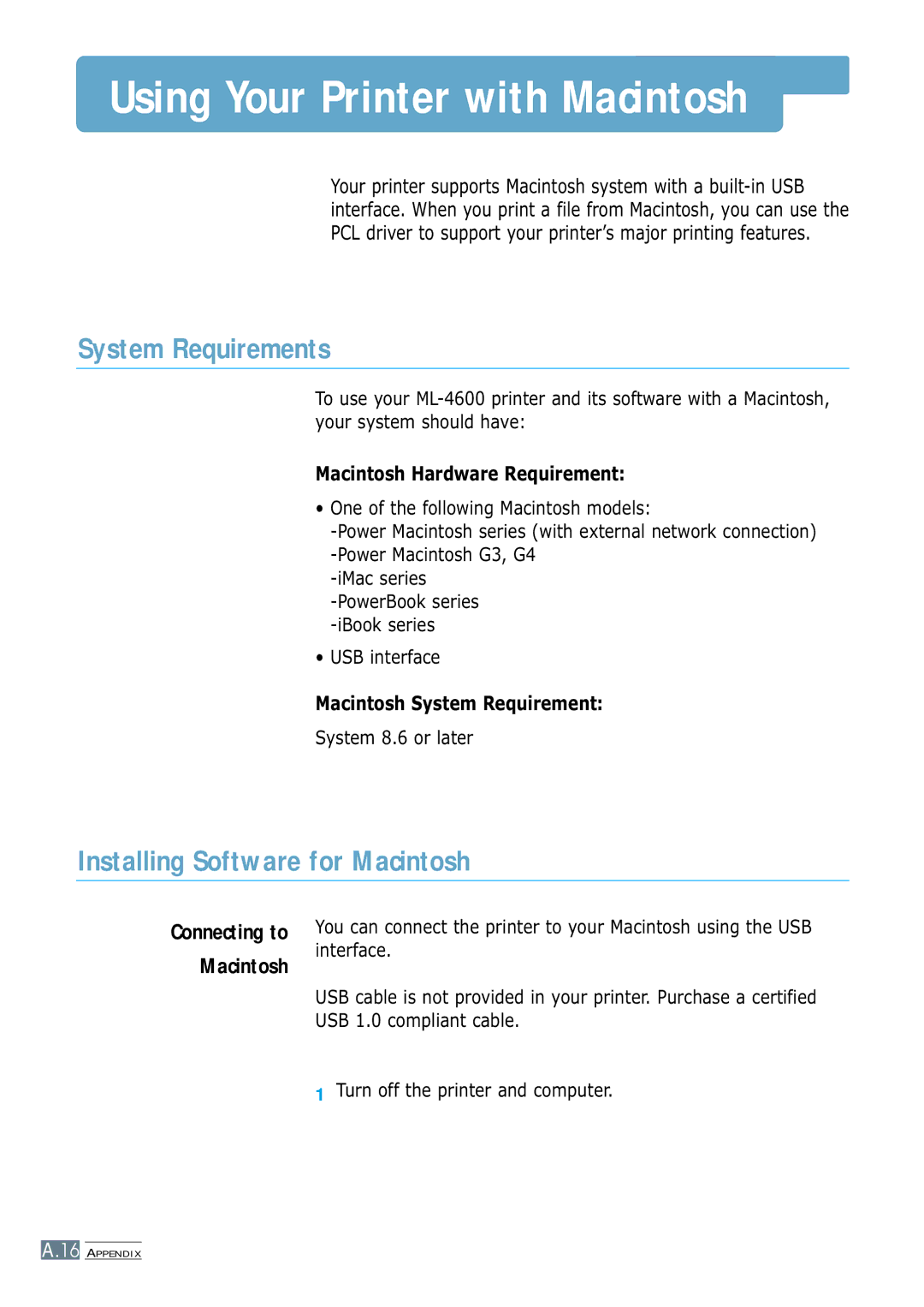 Samsung ML-4600 manual Using Your Printer with Macintosh, System Requirements, Installing Software for Macintosh 