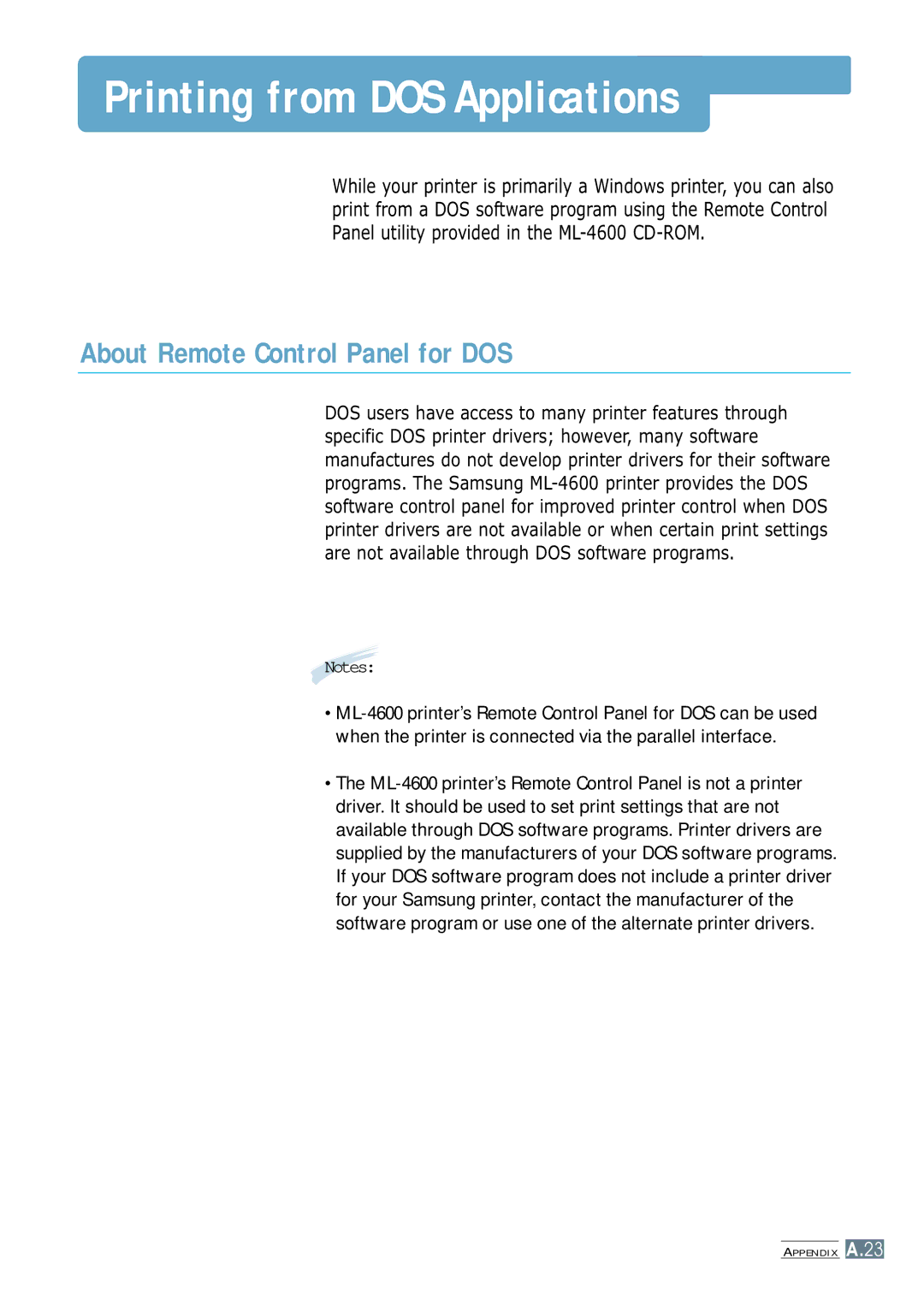 Samsung ML-4600 manual Printing from DOS Applications, About Remote Control Panel for DOS 