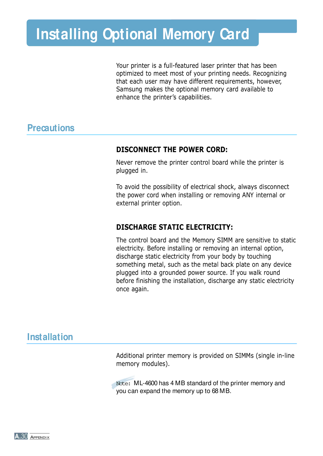 Samsung ML-4600 manual Installing Optional Memory Card, Precautions 