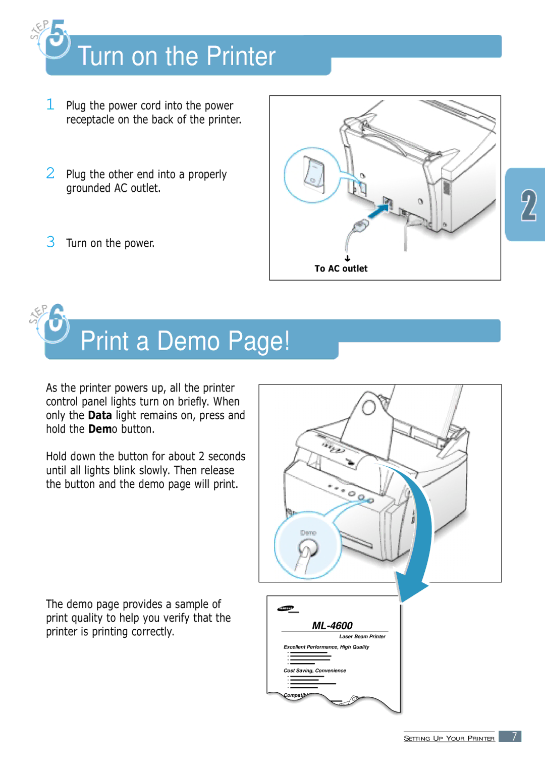 Samsung ML-4600 manual Turn on the Printer, Print a Demo, Turn on the power 