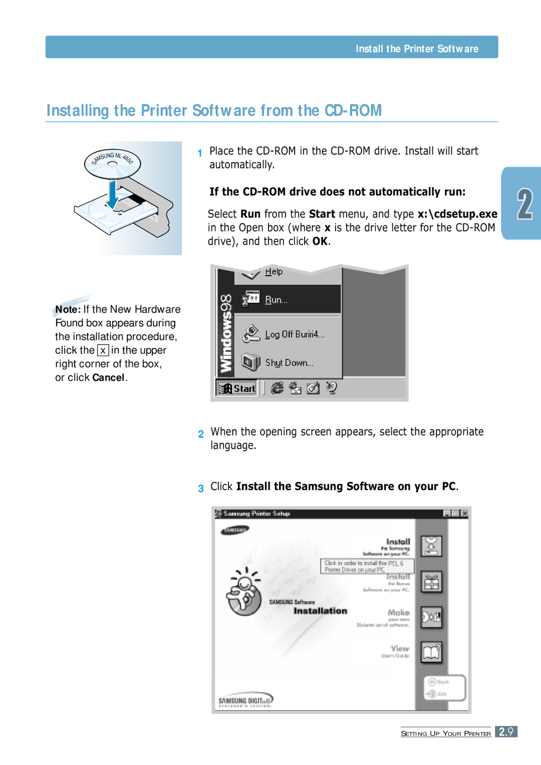 Samsung ML-4600 manual Installing the Printer Software from the CD-ROM, Install the Printer Software 