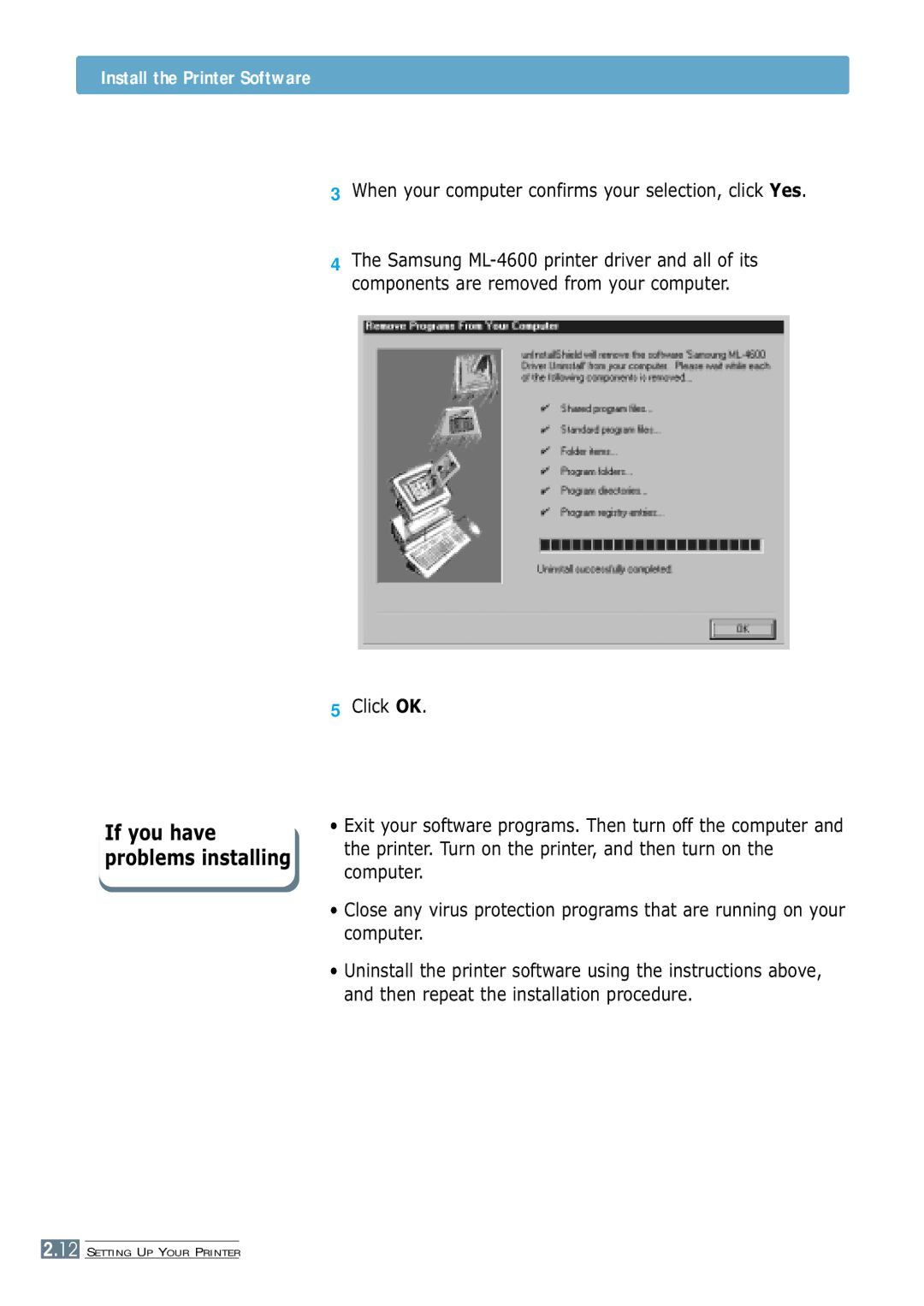 Samsung ML-4600 manual When your computer confirms your selection, click Yes 