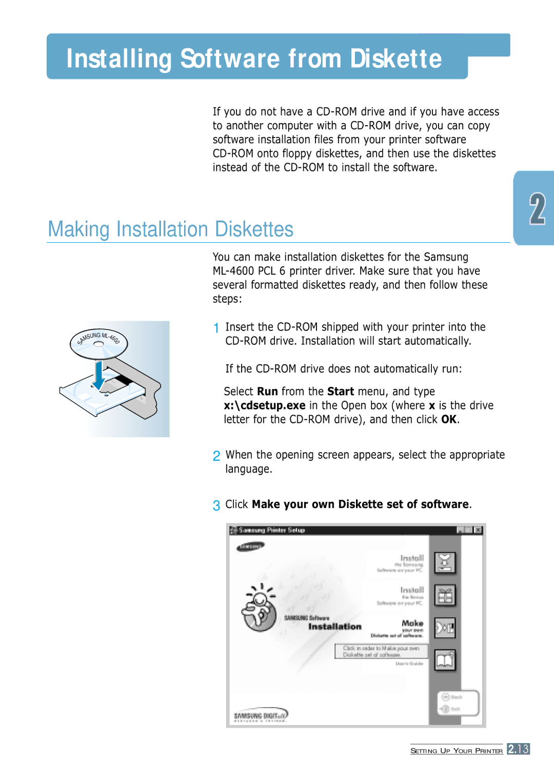 Samsung ML-4600 manual Installing Software from Diskette, Making Installation Diskettes 