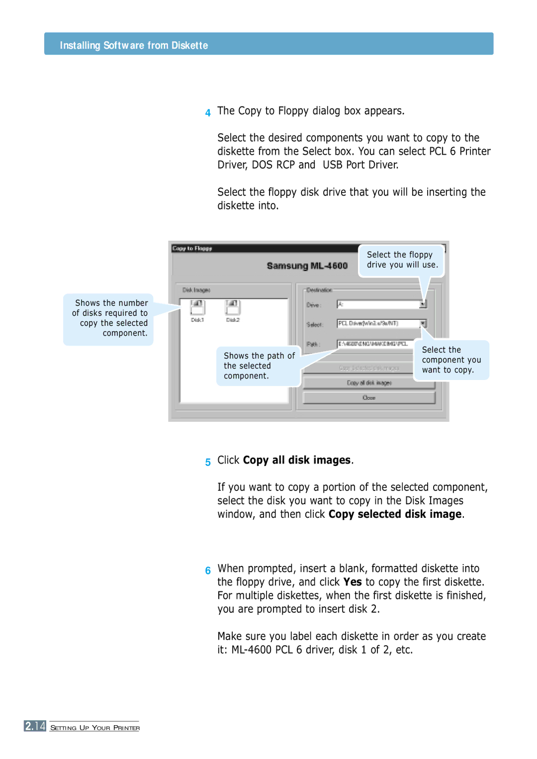 Samsung ML-4600 manual Copy to Floppy dialog box appears, Click Copy all disk images 