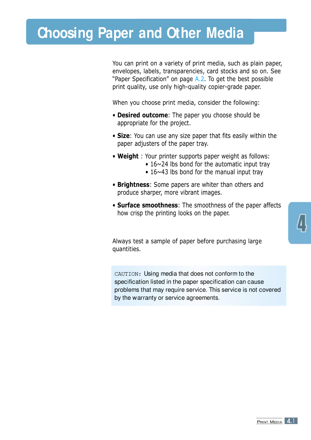 Samsung ML-4600 manual Choosing Paper and Other Media, When you choose print media, consider the following 