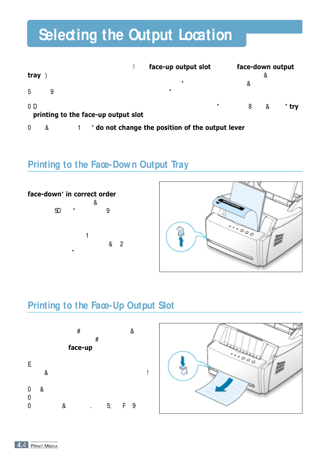 Samsung ML-4600 Selecting the Output Location, Printing to the Face-Down Output Tray, Printing to the Face-Up Output Slot 