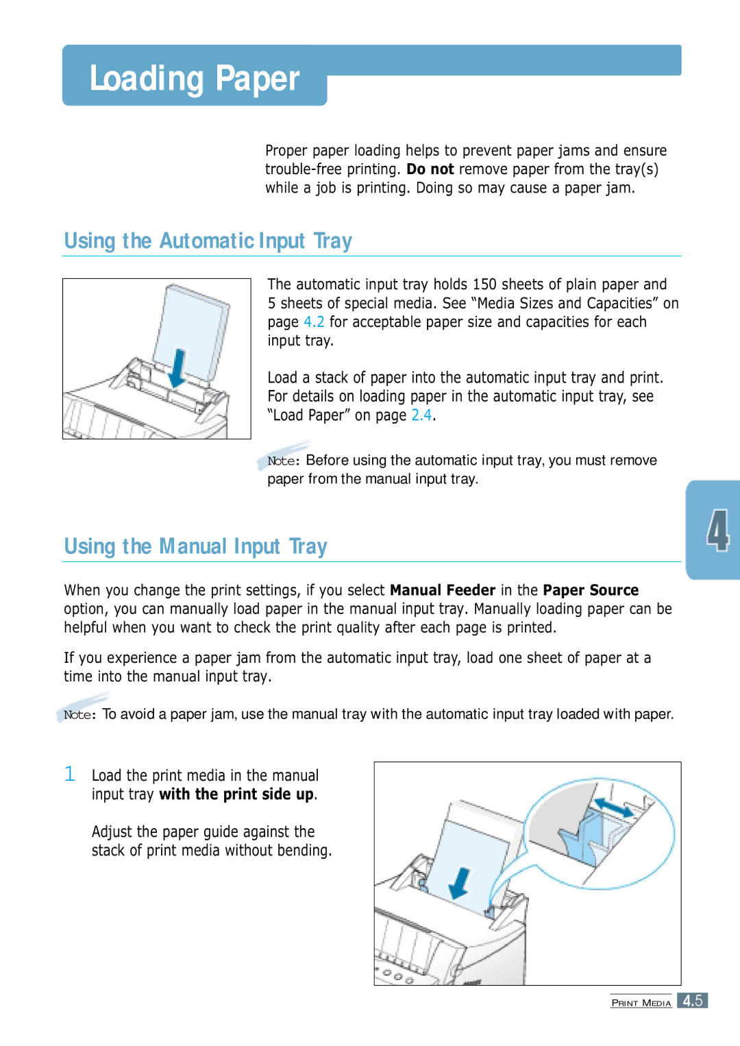 Samsung ML-4600 manual Loading Paper, Using the Automatic Input Tray, Using the Manual Input Tray 