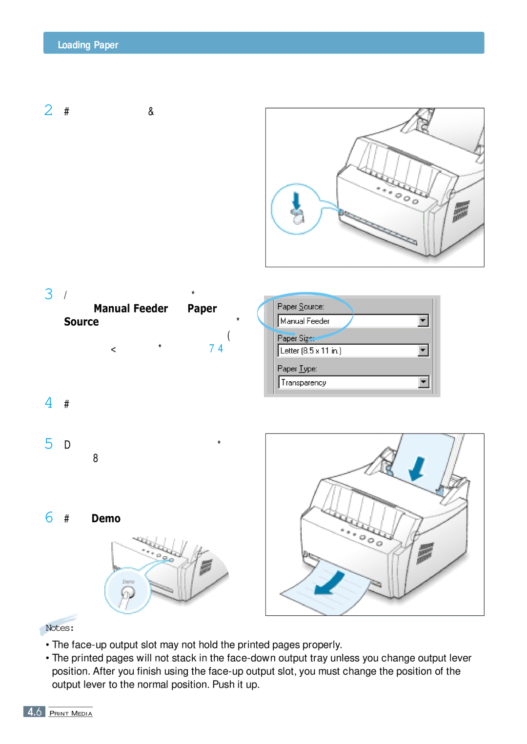 Samsung ML-4600 manual Loading Paper, Push the output lever down to open the face-up output slot 