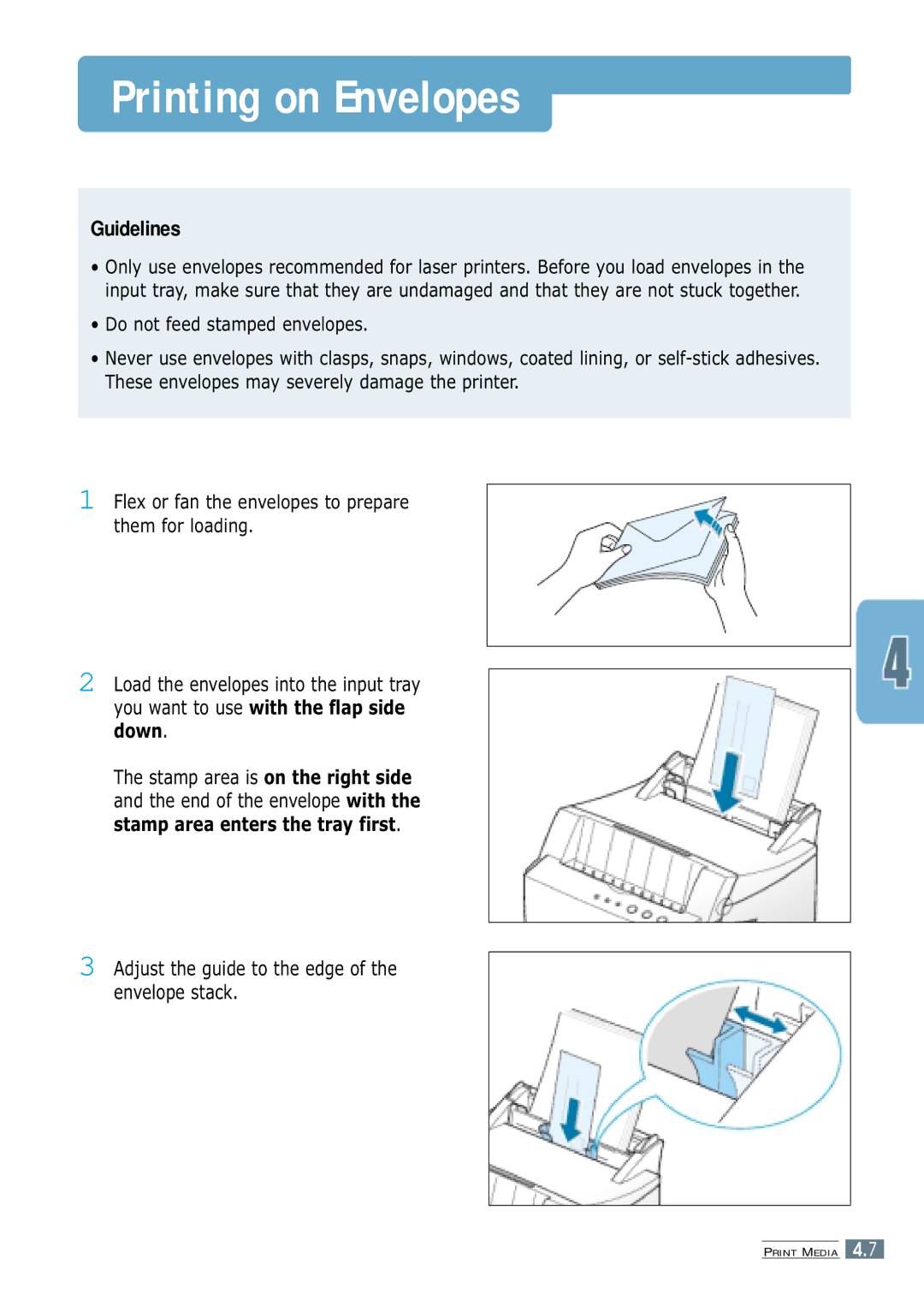 Samsung ML-4600 manual Printing on Envelopes, Adjust the guide to the edge of the envelope stack 