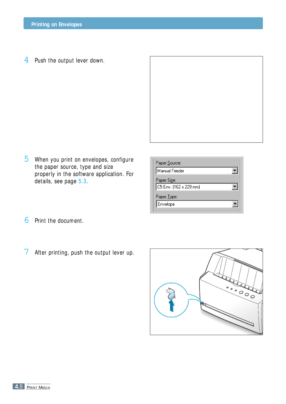 Samsung ML-4600 manual Printing on Envelopes, Push the output lever down 