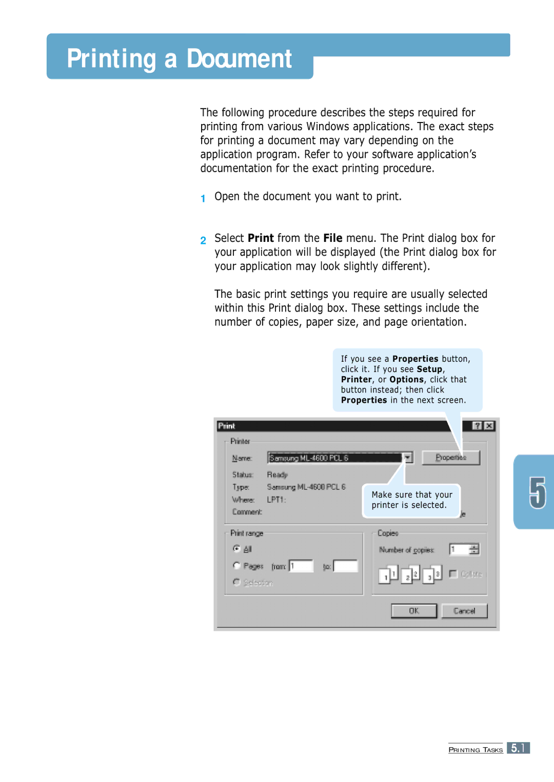 Samsung ML-4600 manual Printing a Document, Open the document you want to print 