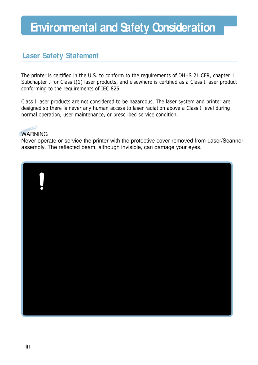 Samsung ML-4600 manual Environmental and Safety Consideration, Laser Safety Statement 