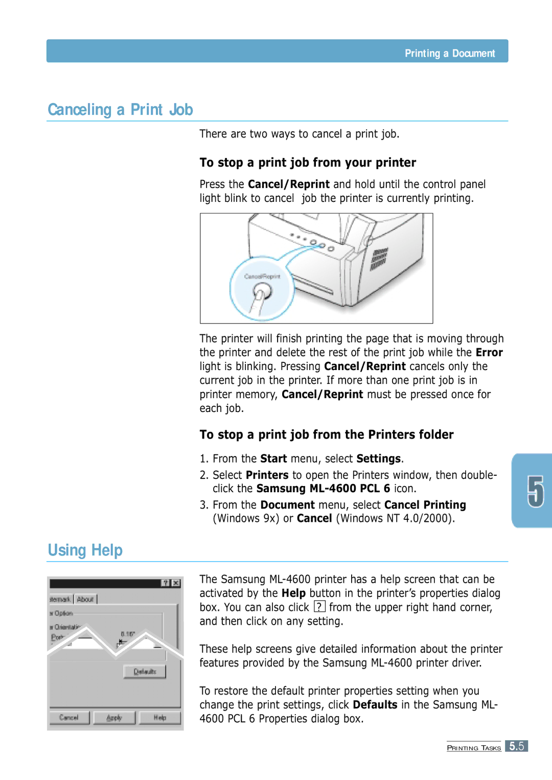 Samsung ML-4600 manual Canceling a Print Job, Using Help, To stop a print job from your printer 