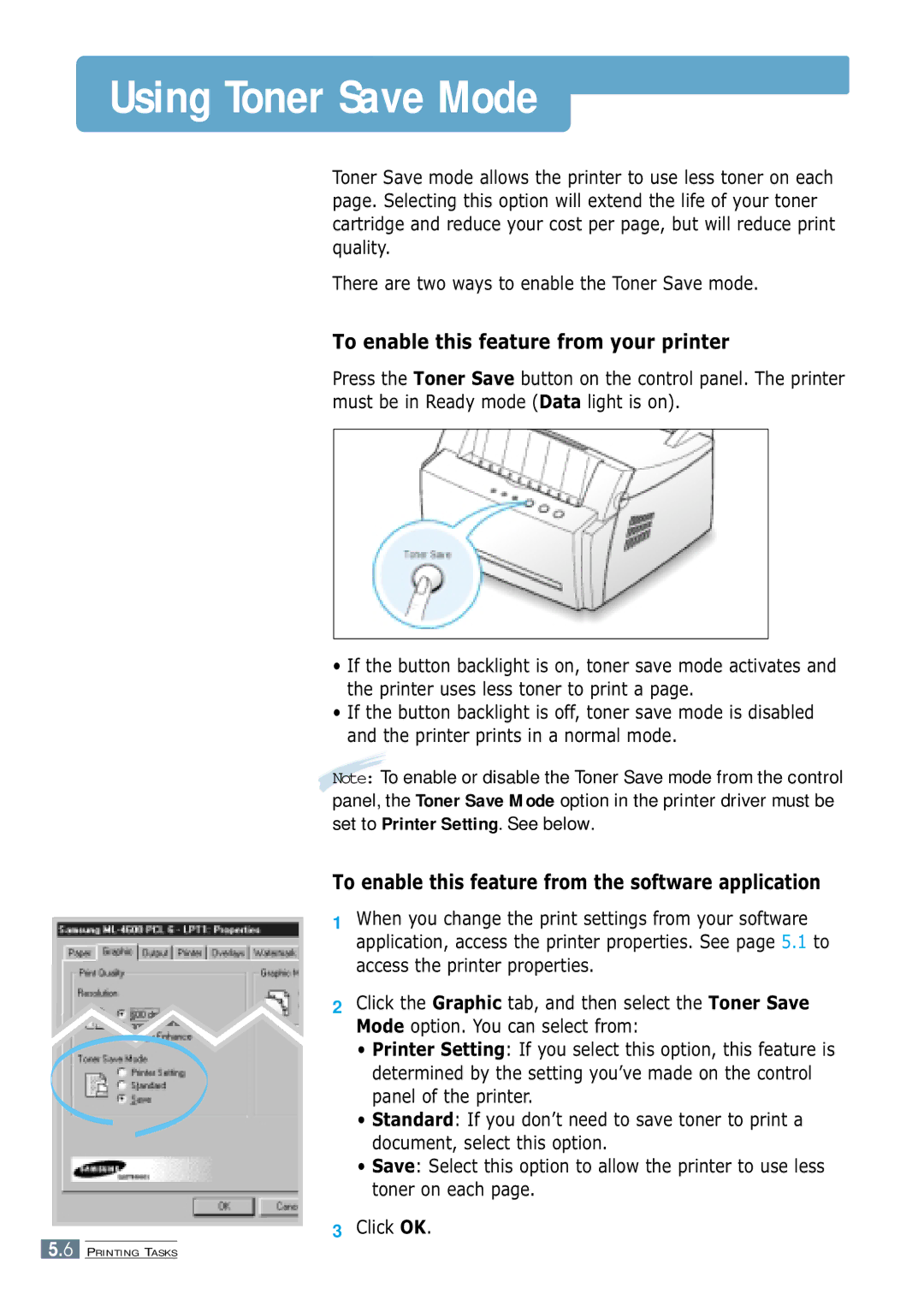 Samsung ML-4600 manual Using Toner Save Mode, To enable this feature from your printer 