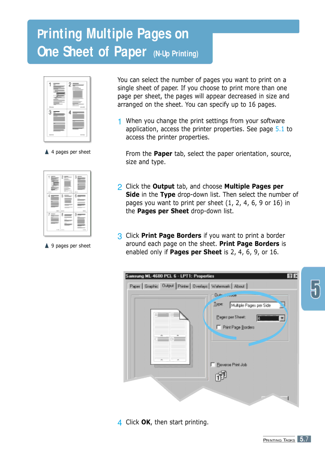 Samsung ML-4600 manual Printing Multiple Pages on One Sheet of Paper N-Up Printing, Click OK, then start printing 