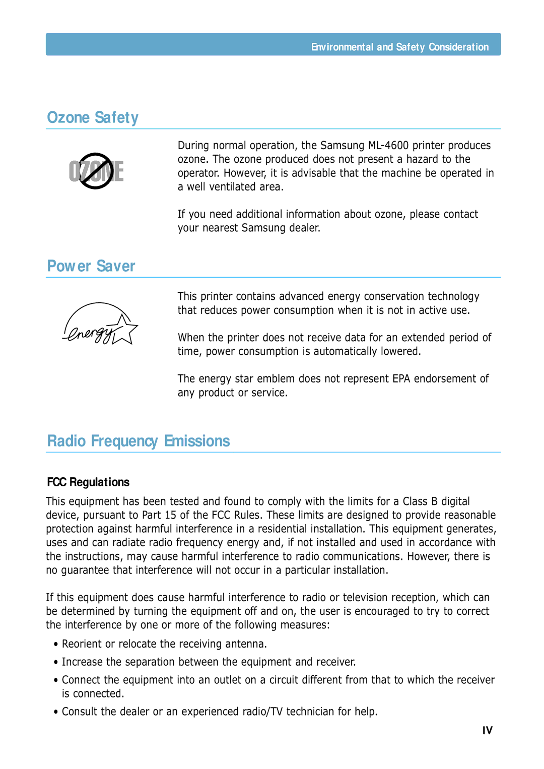 Samsung ML-4600 manual Ozone Safety, Power Saver, Radio Frequency Emissions 