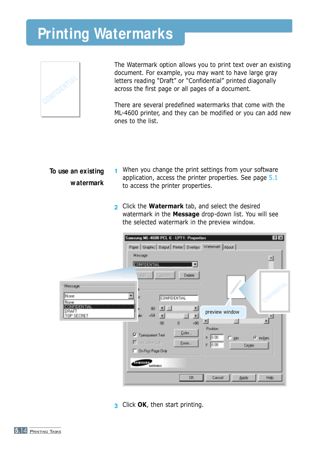 Samsung ML-4600 manual Printing Watermarks, To use an existing watermark 
