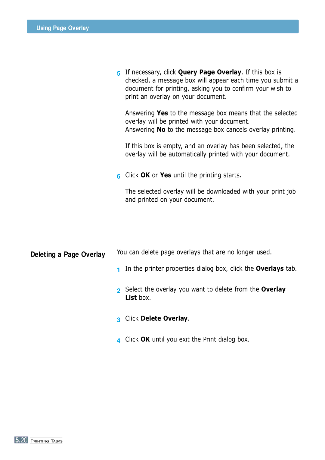 Samsung ML-4600 manual Deleting a Page Overlay, Click OK until you exit the Print dialog box 