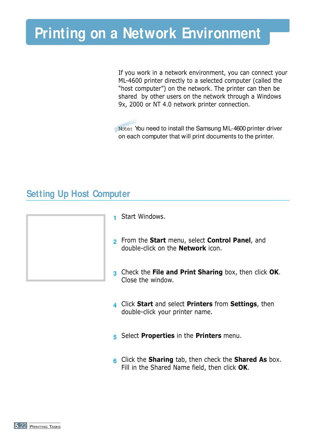 Samsung ML-4600 manual Printing on a Network Environment, Setting Up Host Computer, Start Windows 