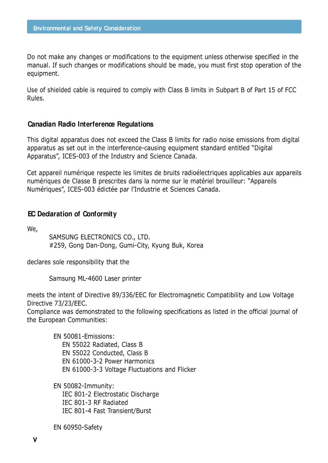 Samsung ML-4600 manual Canadian Radio Interference Regulations, Environmental and Safety Consideration 