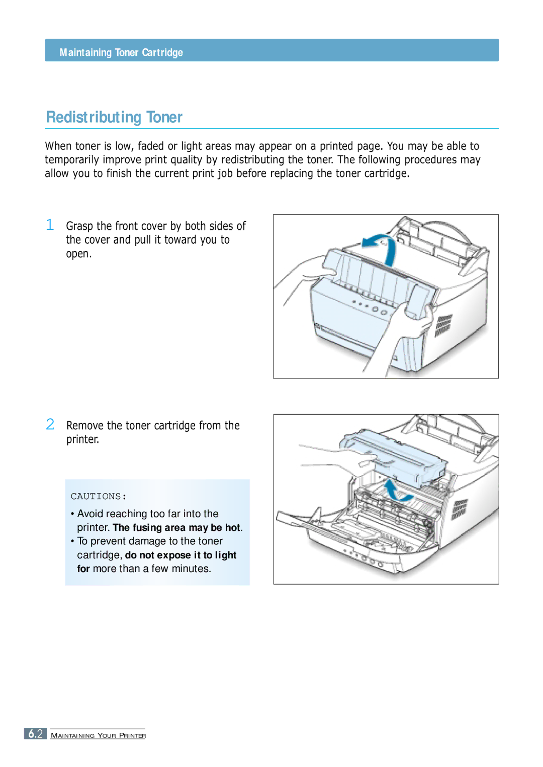 Samsung ML-4600 manual Redistributing Toner, Maintaining Toner Cartridge 