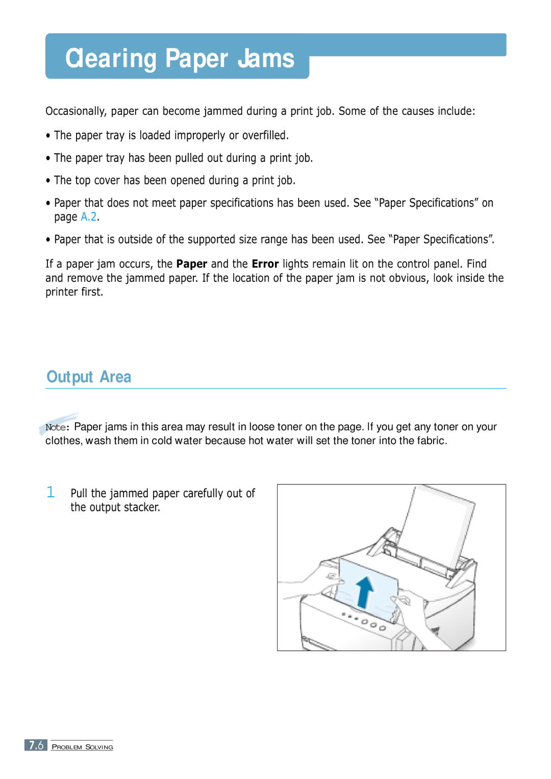 Samsung ML-4600 manual Clearing Paper Jams, Output Area, Pull the jammed paper carefully out of the output stacker 