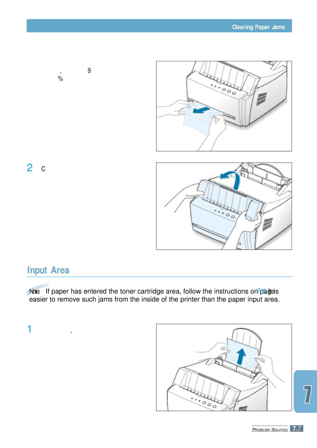 Samsung ML-4600 manual Input Area, Clearing Paper Jams, Carefully pull the jammed paper out of the input tray 