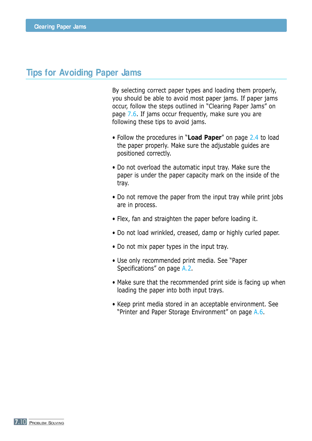 Samsung ML-4600 manual Tips for Avoiding Paper Jams, Do not mix paper types in the input tray 