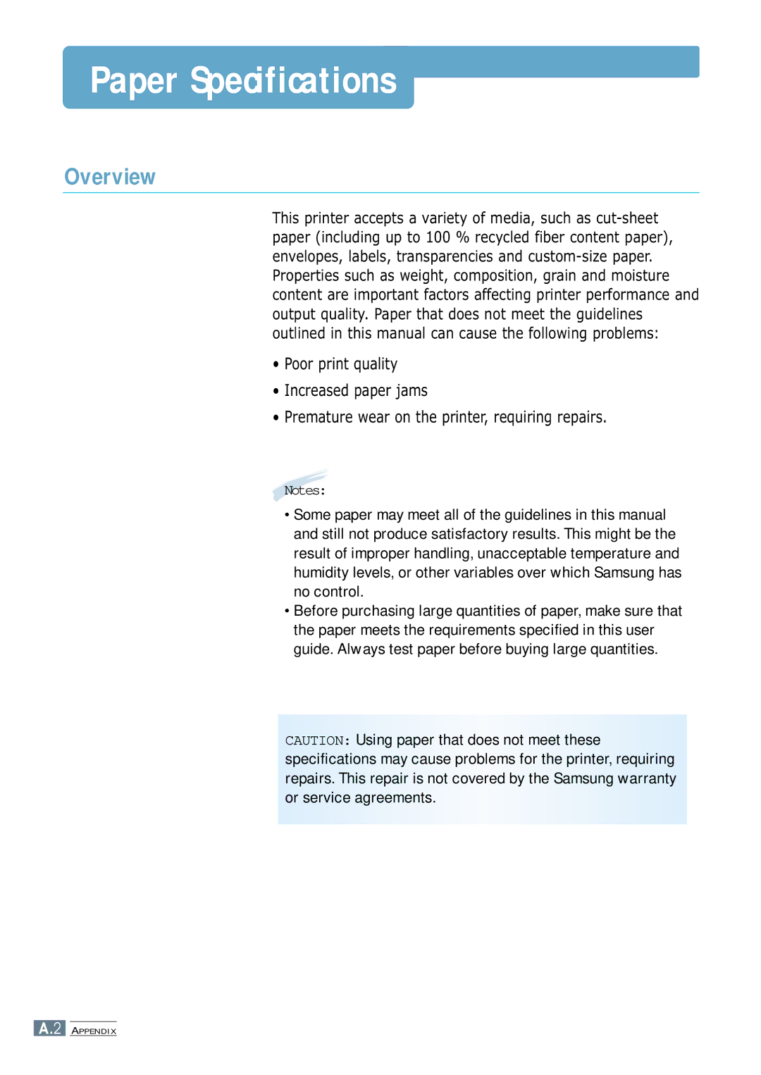 Samsung ML-4600 manual Paper Specifications, Overview 