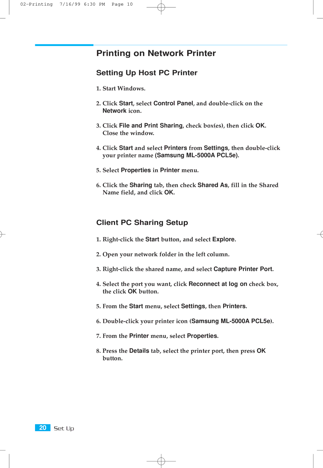 Samsung ML-5000A setup guide Printing on Network Printer, Setting Up Host PC Printer, Client PC Sharing Setup 