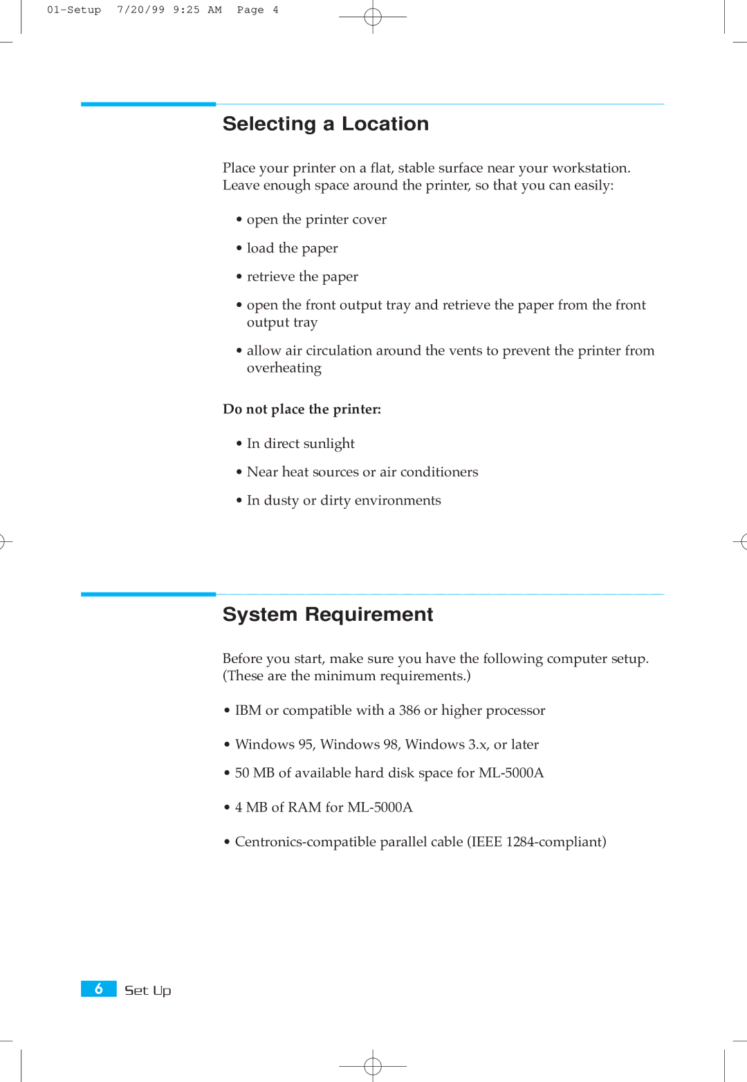 Samsung ML-5000A setup guide Selecting a Location, System Requirement, Do not place the printer 