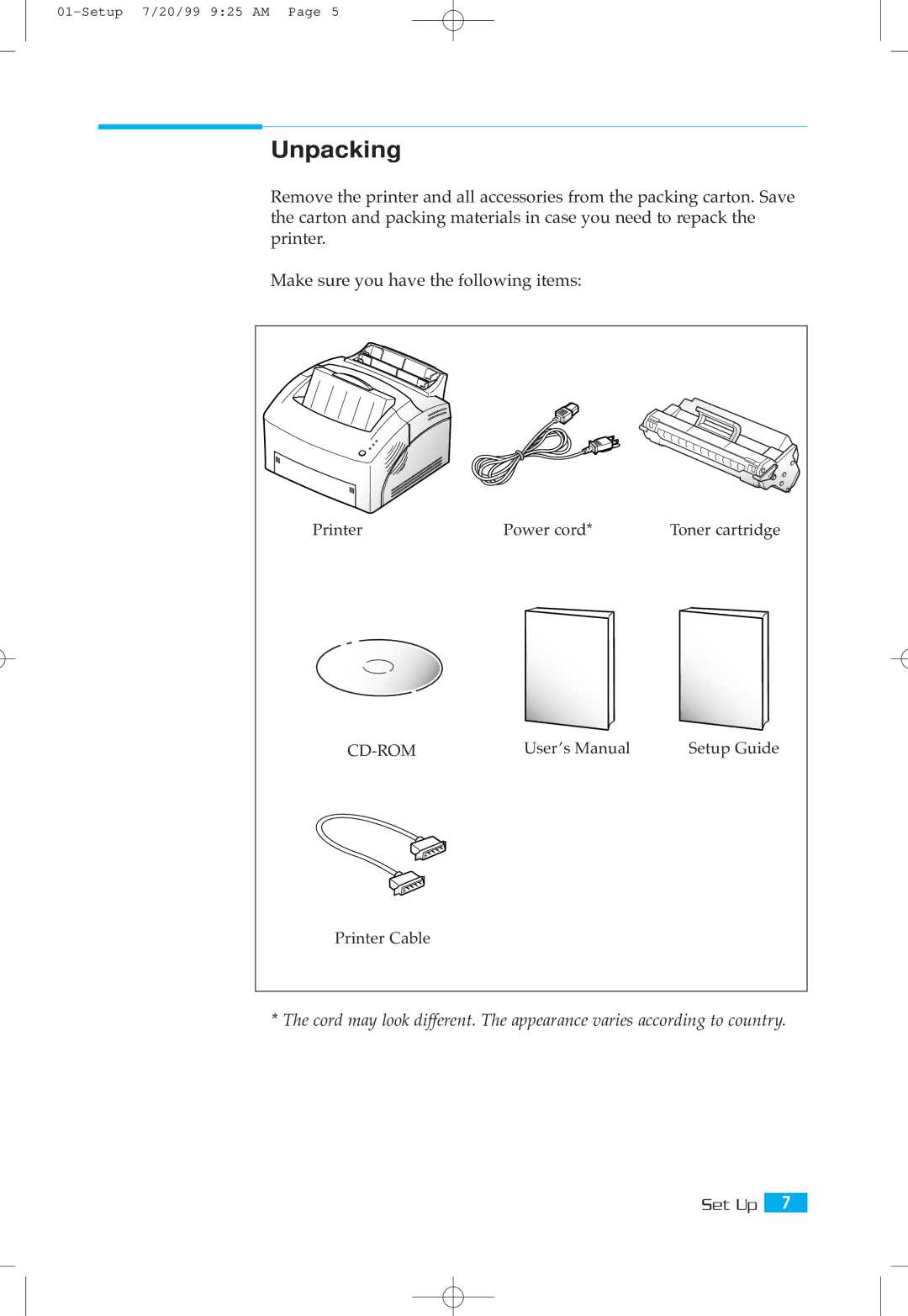 Samsung ML-5000A setup guide Unpacking 