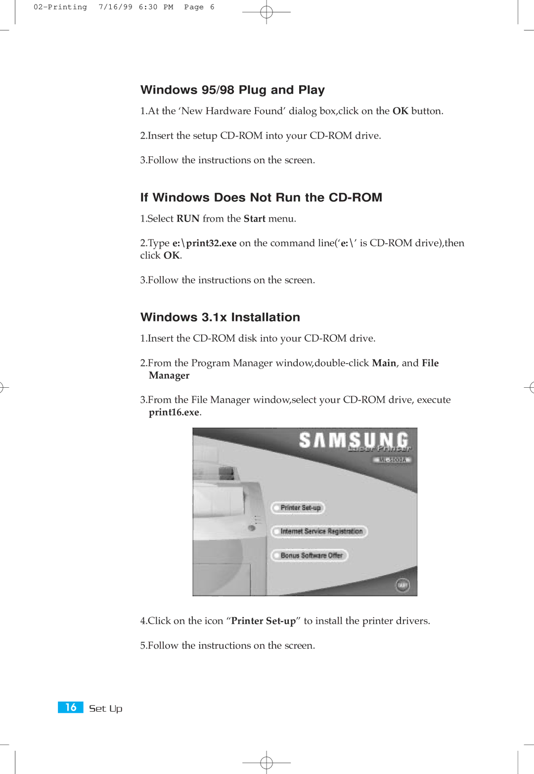 Samsung ML-5000A Windows 95/98 Plug and Play, If Windows Does Not Run the CD-ROM, Windows 3.1x Installation, Manager 