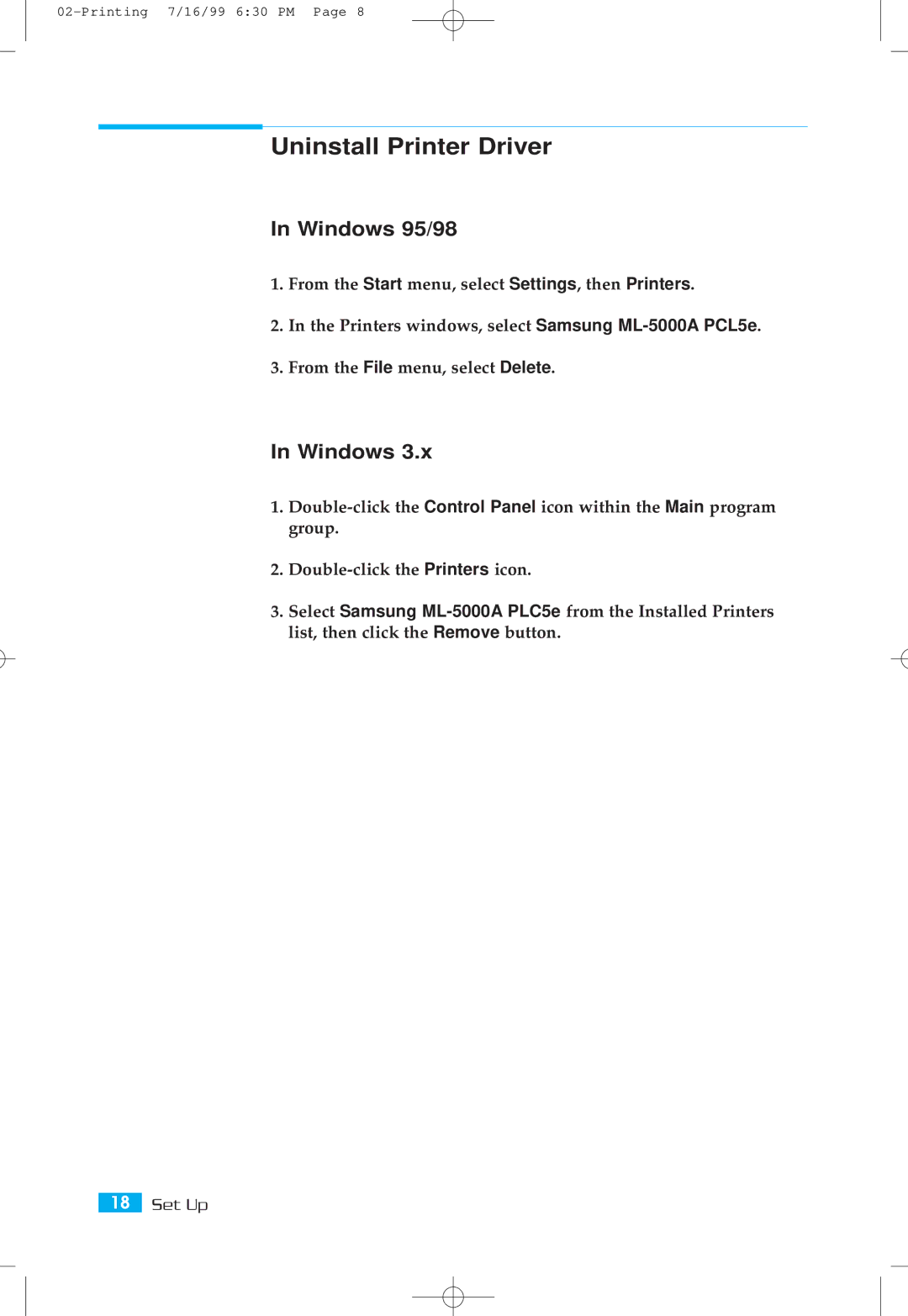 Samsung ML-5000A setup guide Uninstall Printer Driver, Windows 95/98 