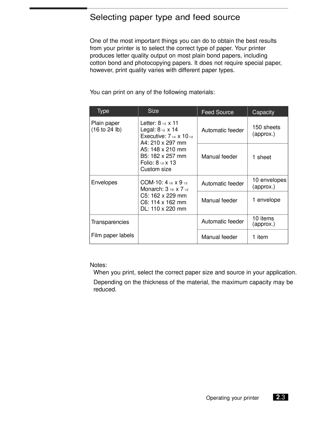 Samsung ML-5200A manual Selecting paper type and feed source, Type Size Feed Source Capacity 