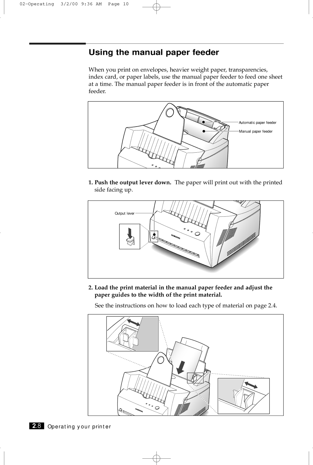 Samsung ML-5200A Using the manual paper feeder, Automatic paper feeder Manual paper feeder 