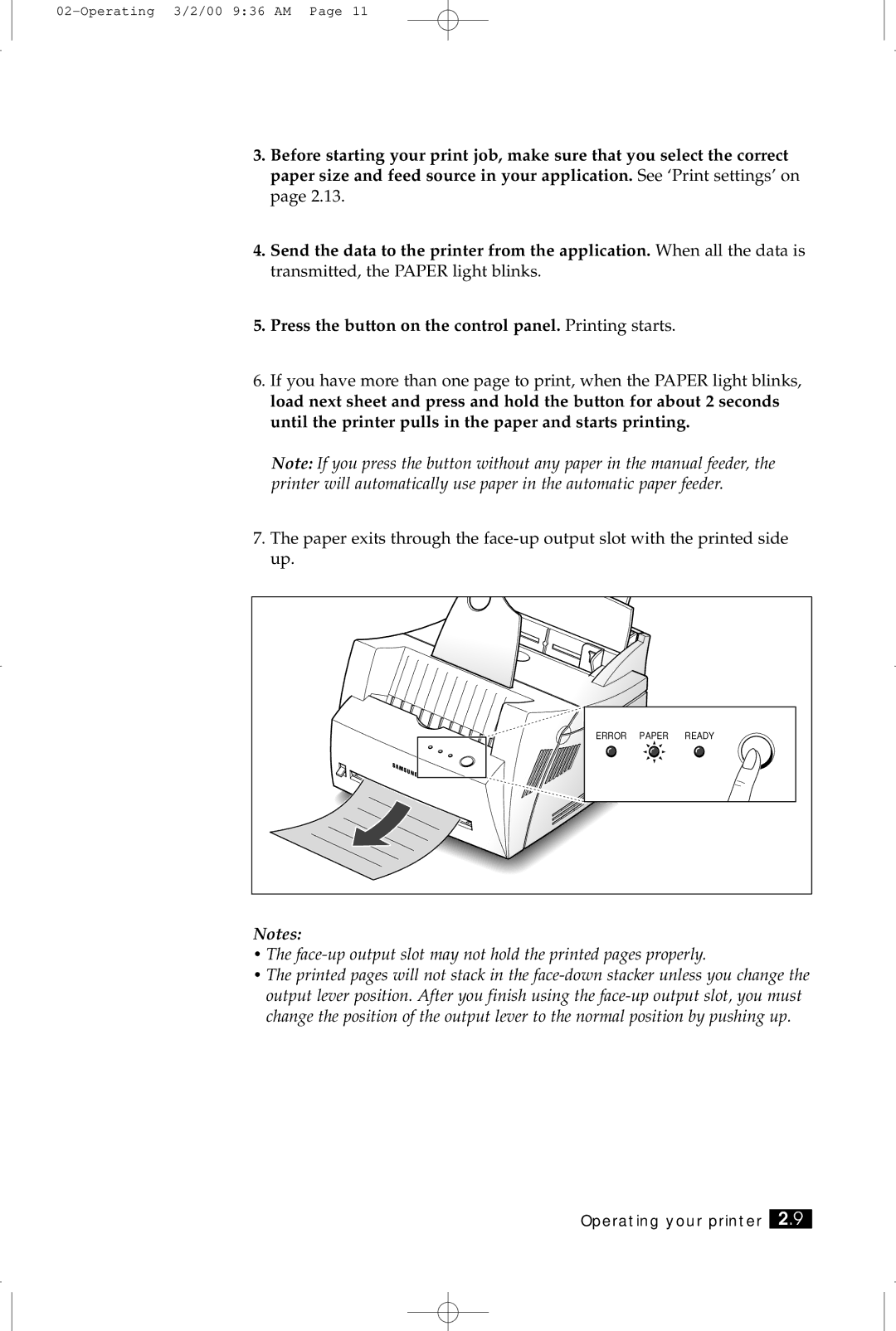 Samsung ML-5200A manual Face-up output slot may not hold the printed pages properly 