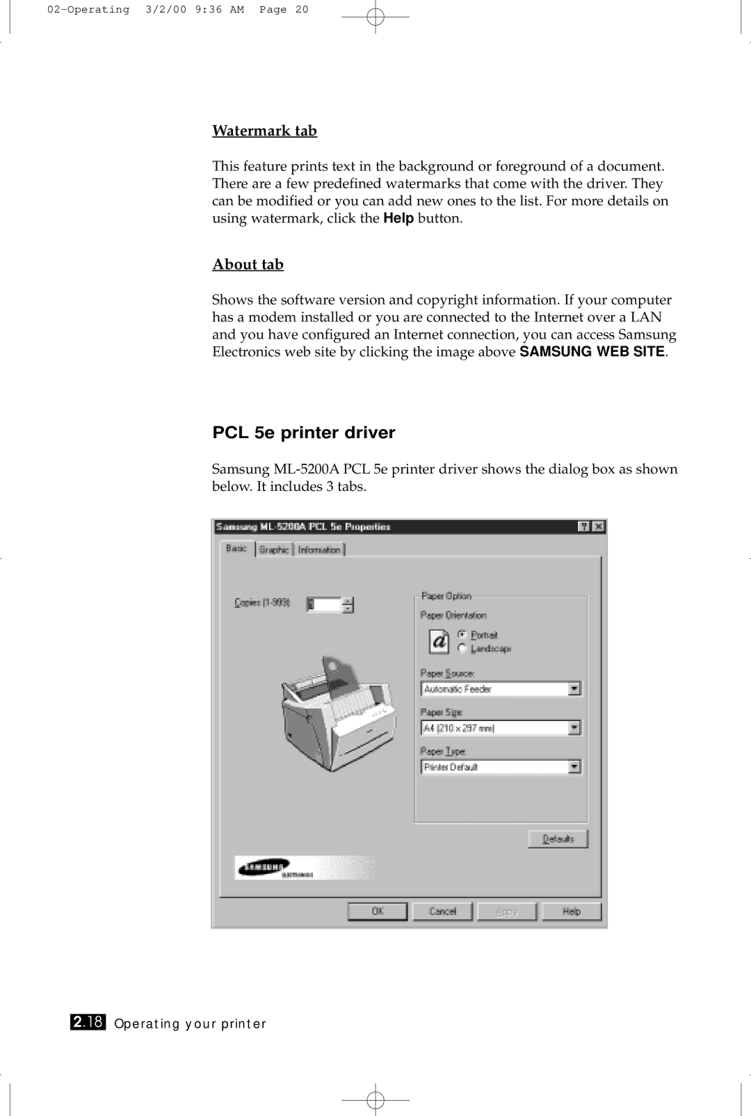 Samsung ML-5200A manual PCL 5e printer driver, Watermark tab 