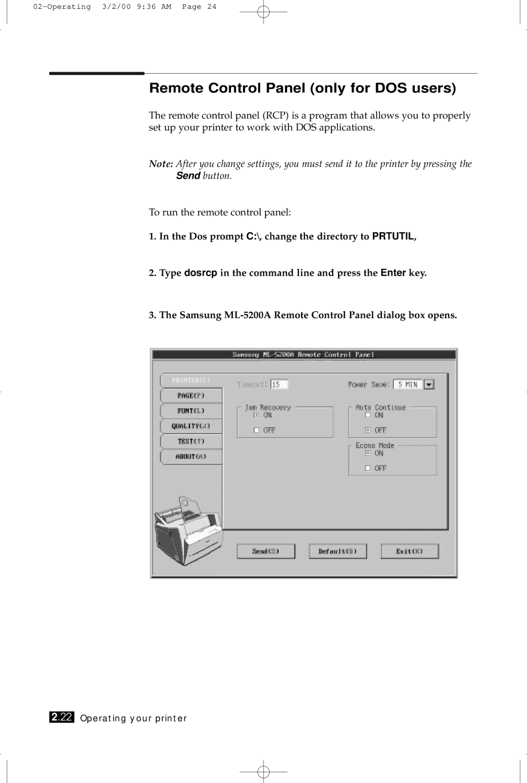 Samsung ML-5200A manual Remote Control Panel only for DOS users 