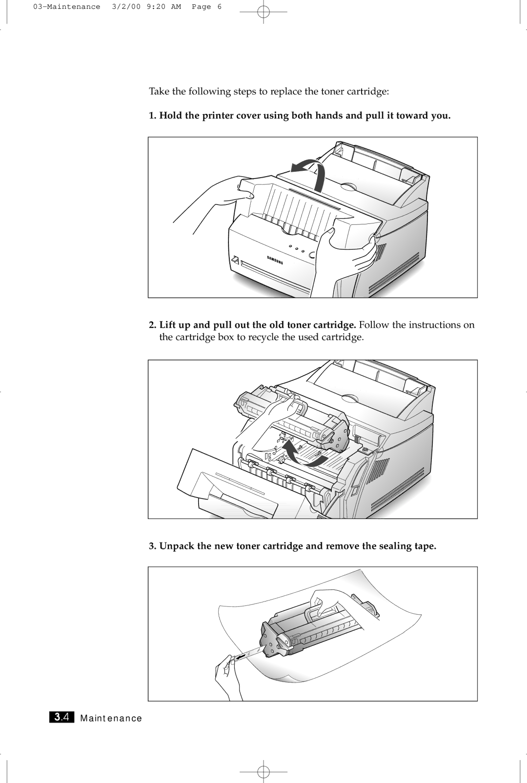 Samsung ML-5200A manual Take the following steps to replace the toner cartridge 