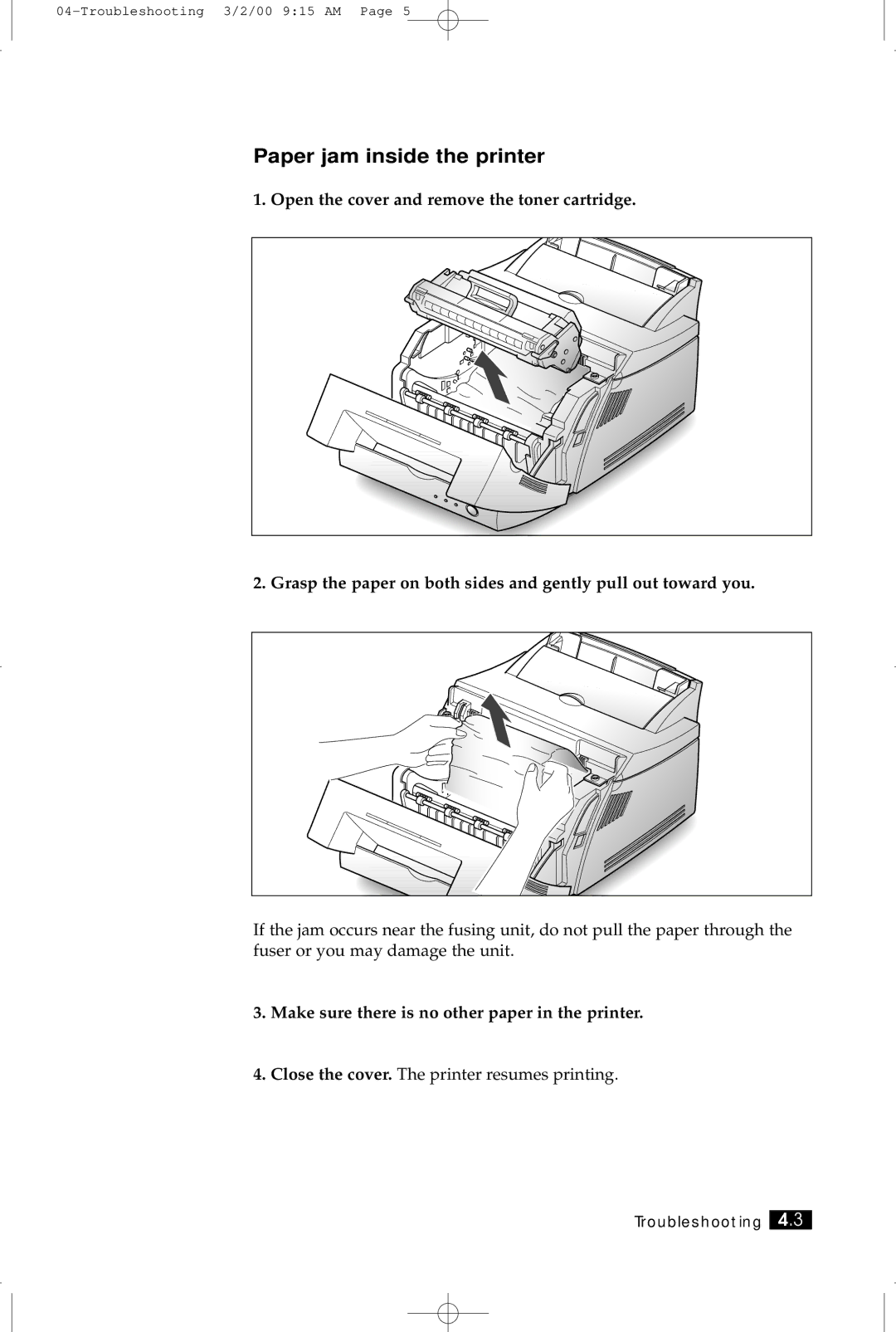 Samsung ML-5200A manual Paper jam inside the printer 