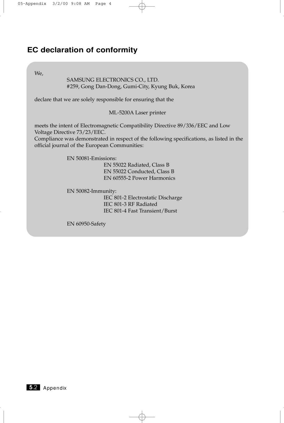 Samsung ML-5200A manual EC declaration of conformity 