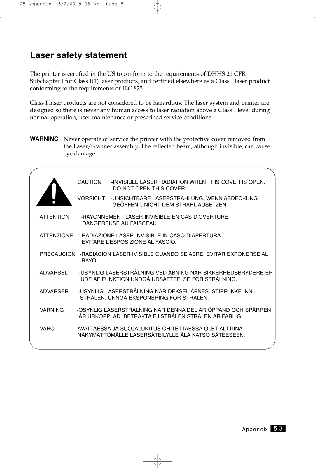 Samsung ML-5200A manual Laser safety statement 