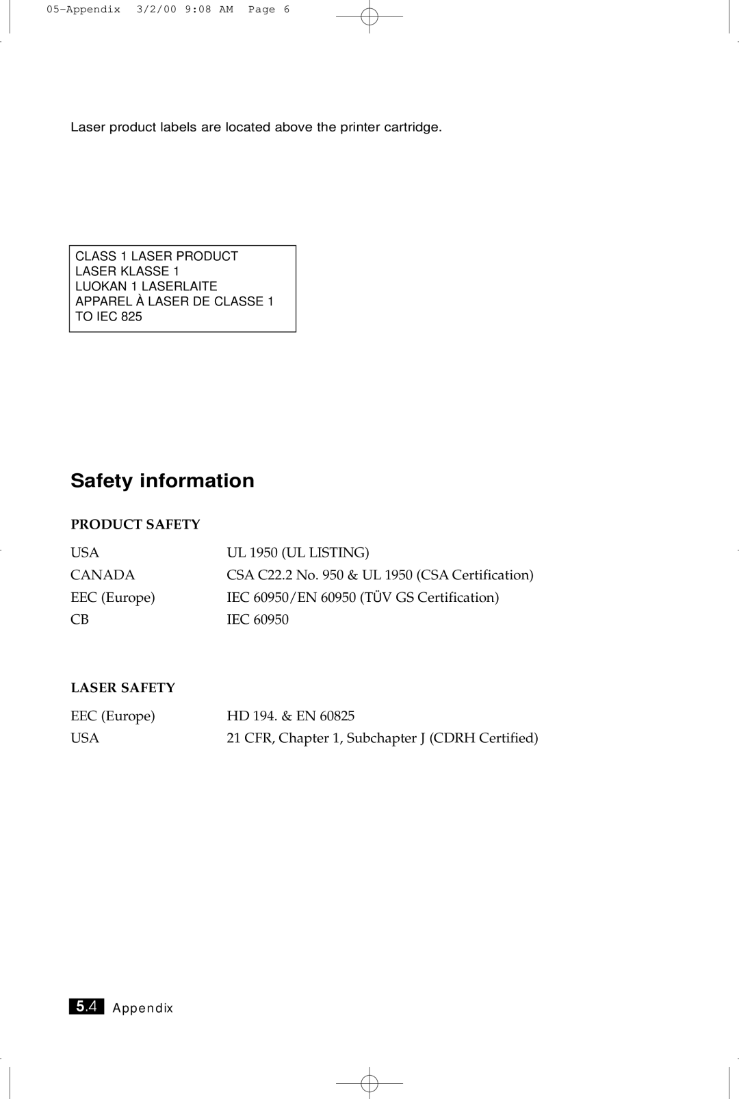 Samsung ML-5200A manual Safety information, Product Safety 