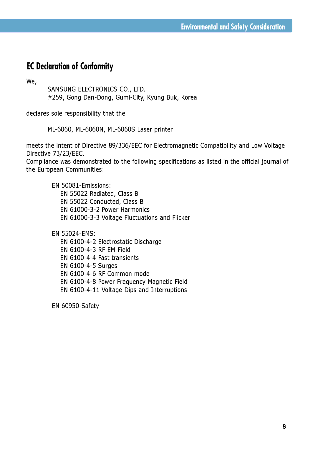 Samsung ML-6060S, ML-6060N manual EC Declaration of Conformity 