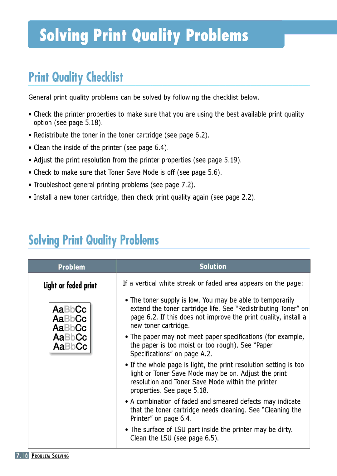 Samsung ML-6060S, ML-6060N manual Solving Print Quality Problems, Print Quality Checklist, Light or feded print 