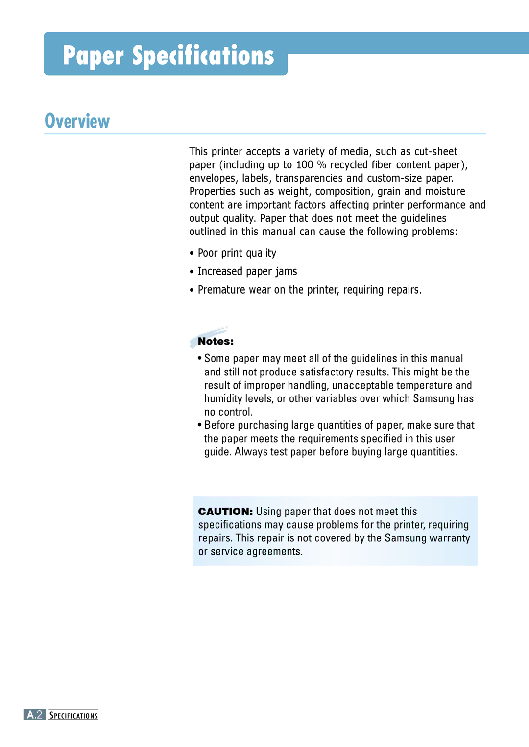 Samsung ML-6060S, ML-6060N manual Paper Specifications, Overview 